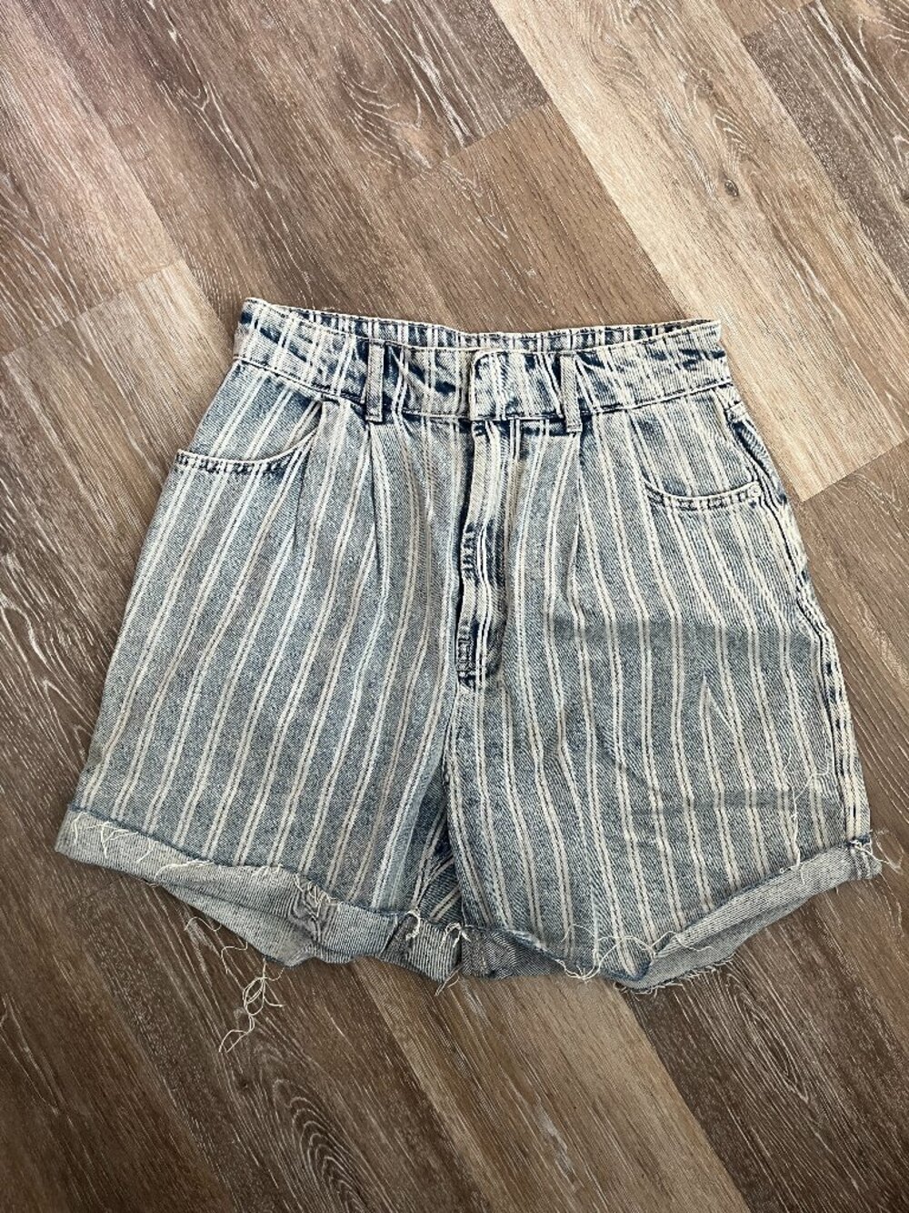 Acid Light Blue Striped Pinstripe High-Waist Distressed Jean Shorts